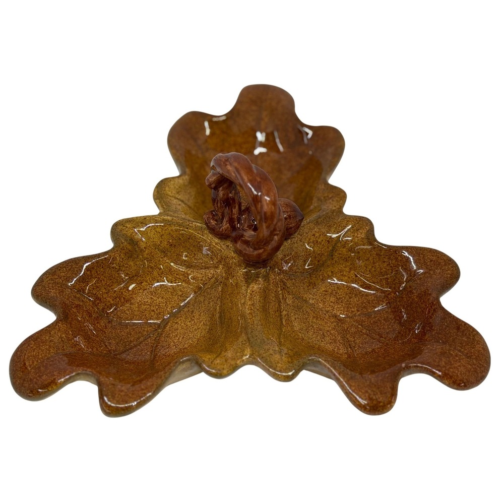 VTG‎ Ceramic Leaf Serving Dish Brown Glazed Fall Autumn Decor Centerpiece Handle